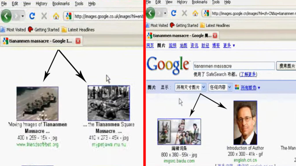 Thử nghiệm cùng một từ khóa "tiananmen massacre" (thảm sát Thiên An Môn) trên Google tiếng Anh và tiếng Trung. Kết quả trên Google tiếng Anh cho thấy các hình ảnh thật về sự kiện Thiên An Môn 1989, ngược lại Google tiếng Trung đã không hiển thị các hình ảnh tương tự.
