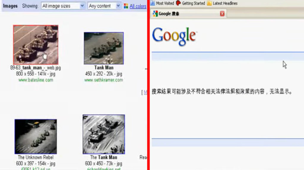 Điều tương tự xảy ra khi gõ từ khóa liên quan đến sự kiên Thiên An Môn nổi tiếng: "tank man". Kết quả trên Google tiếng Anh và Google tiếng Trung hoàn toàn trái ngược nhau. (Nguồn: video)