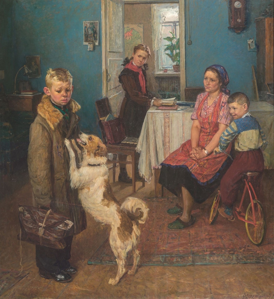 Bức tranh mô tả tâm trạng rầu rĩ của một cậu bé với chiếc cặp nhàu nát từ trường về nhà, lại bị thêm một điểm 2. Tâm trạng của mẹ, chị, rồi cậu em, và đặc biệt là chú chó được diễn tả rất tài tình trong tranh.