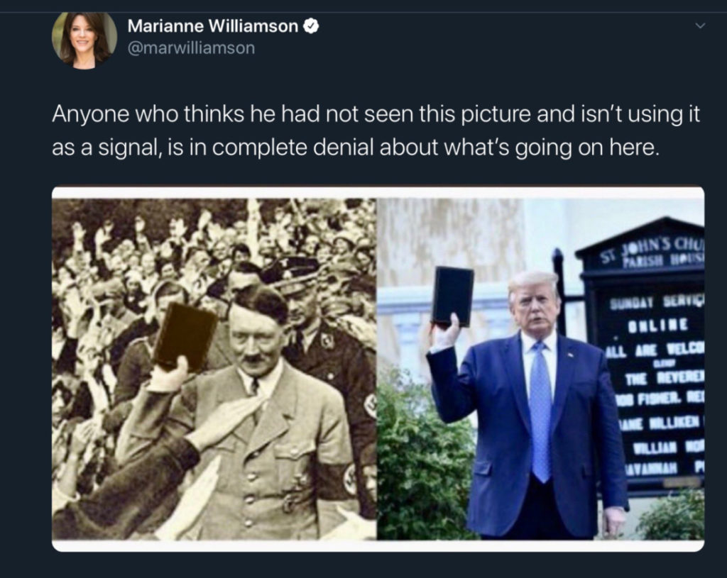 Cựu ứng cử viên Tổng thống của Đảng Dân chủ, bà Marianne Williamson cũng chia sẻ bức ảnh mà không hề bận tâm rằng nó vốn đã bị photoshop. (Ảnh chụp màn hình)