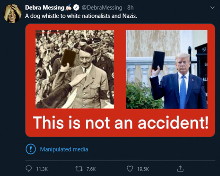 Nữ diễn viên Debra Messing - một người theo cánh tả chống Trump chia sẻ bức ảnh Adolf Hitler cầm cuốn Kinh Thánh, và đặt ngay cạnh bức ảnh tương tự của Tổng thống Trump. 