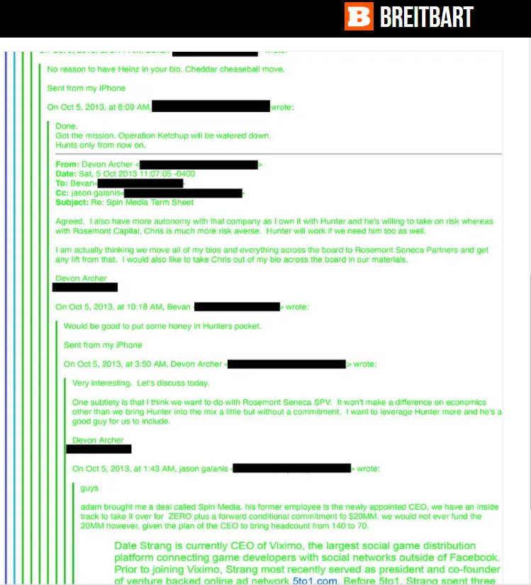 Ảnh chụp lại các email trao đổi giữa Bevan Cooney và Devon Archer, các cộng sự kinh doanh của Hunter Biden, vào ngày 5/10/2013. (Ảnh chụp màn hình từ Breitbart)