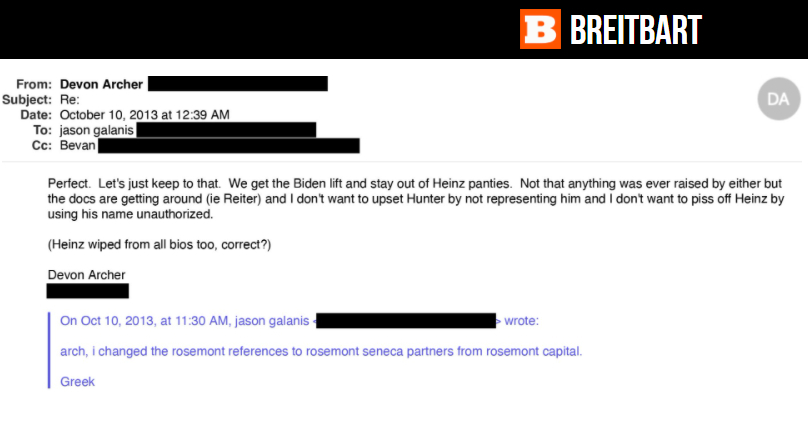 Ảnh chụp email xác nhận Devon Archer gửi Jason Galanis vào ngày 10/10/2013. Cả 2 đều là cộng sự của Hunter Biden. (Ảnh chụp màn hình từ Breitbart)