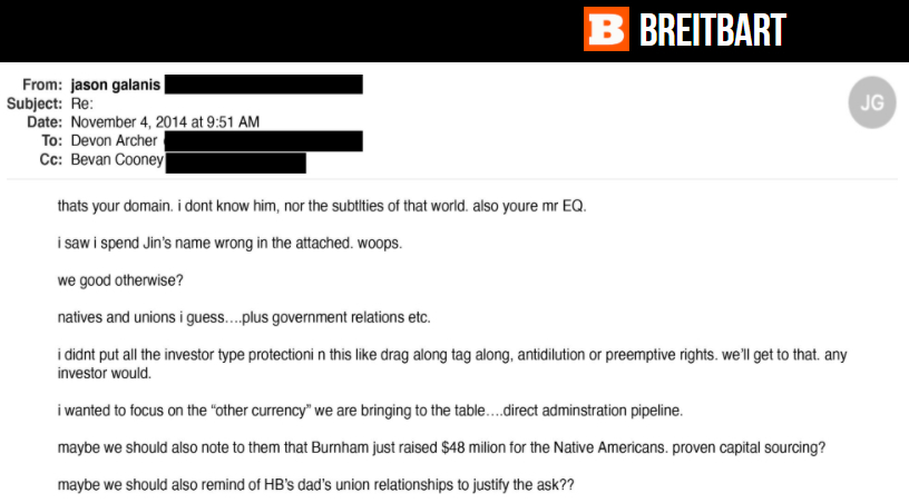 Ảnh chụp email của Jason Galanis đề xuất việc đề cập tới các lợi thế mà nhóm cộng sự của Hunter Biden có thể mang lại cho khách hàng, dựa vào ông Joe Biden, là Phó Tổng thống Hoa Kỳ khi đó. Email được gửi vào ngày 4/11/2014. (Ảnh chụp màn hình từ Breitbart)