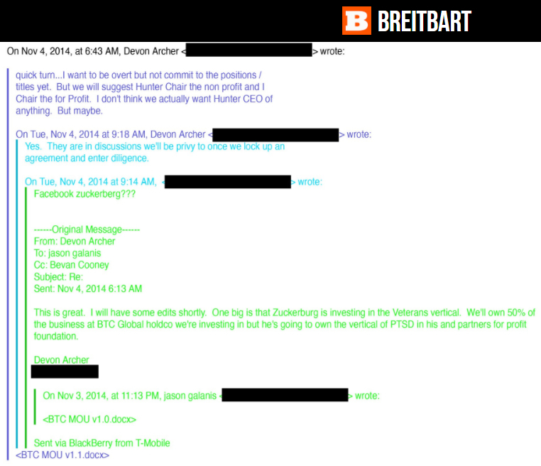 Ảnh chụp email trao đổi giữa Devon Archer và Jason Galanis - các cộng sự của Hunter Biden, vào ngày 4/11/2014. (Ảnh chụp màn hình từ Breitbart)