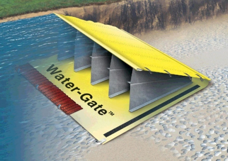 Một mô hình do máy tính tạo ra về hệ thống Water-gate mô tả cách nó 'thổi phồng' để đổ đầy nước và tạo ra một con đập. 